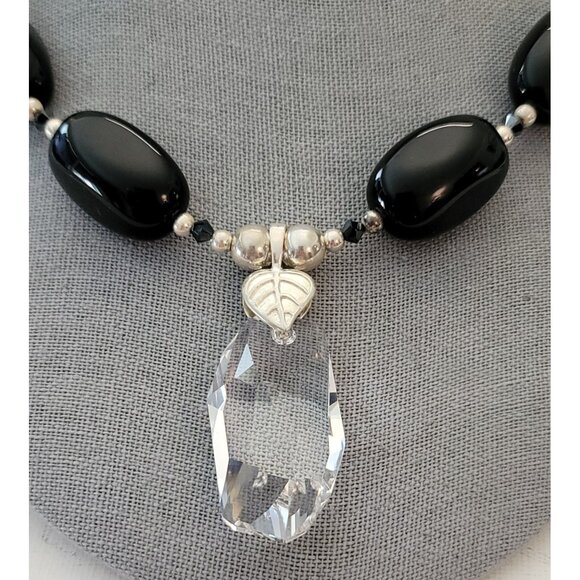 Sterling Silver Black Onyx Clear Geometrical Crystal Pendant Necklace E872 - Picture 2 of 16